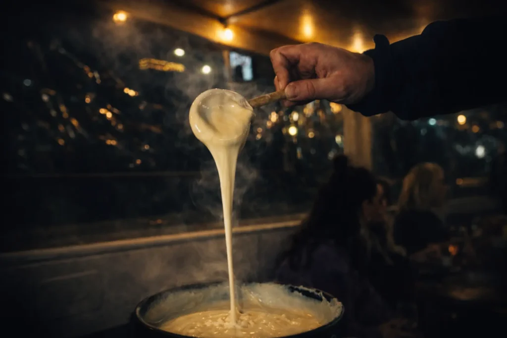 Kaasfondue aan boord tijdens een winterse rondvaart bij Take a Boat in Rotterdam