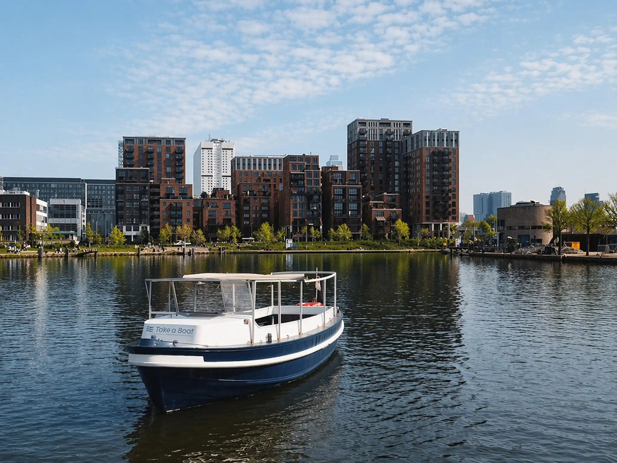 Moderne rondvaartboot van Take a Boat op rustig water in Rotterdam met zonnige lucht en skyline op de achtergrond in lichte Japandi stijl