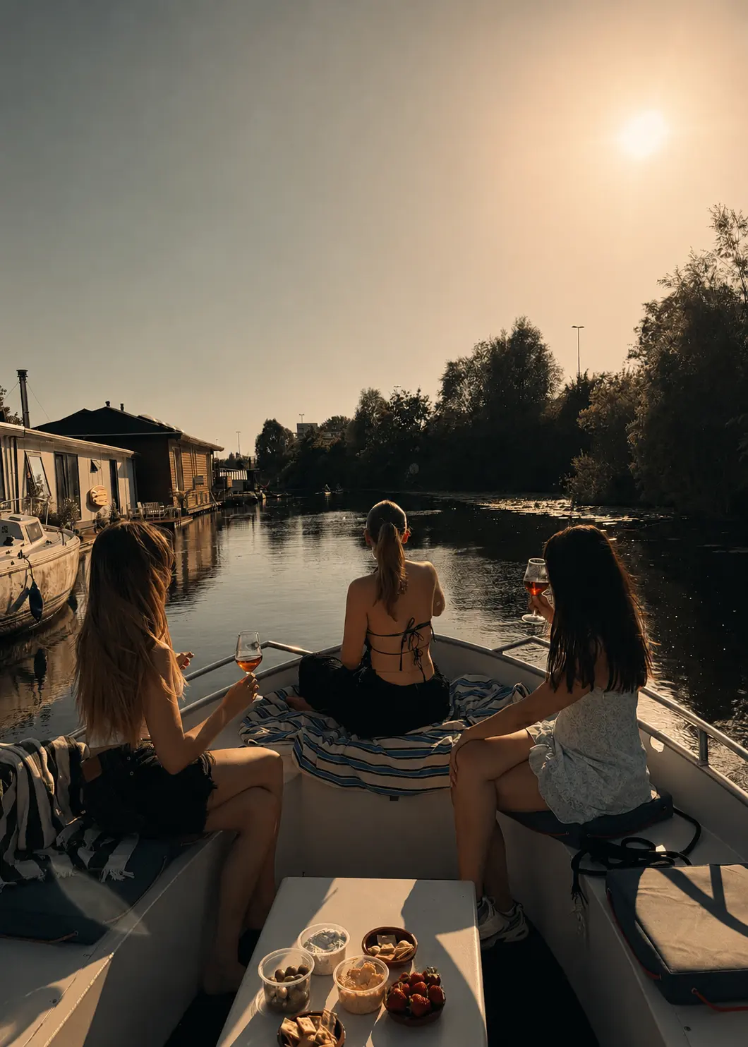 Vriendinnen varen met een elektrische sloep van Take a Boat door de Rotterdamse grachten tijdens een zonnige zomeravond met hapjes en drankjes aan boord.